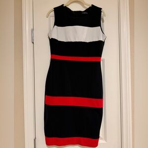 Black, white and red striped pencil dress